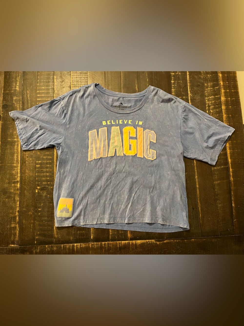 Disney Blue Acid Wash 'Believe in Magic' Short Sleeve Cropped Graphic Tee Castle